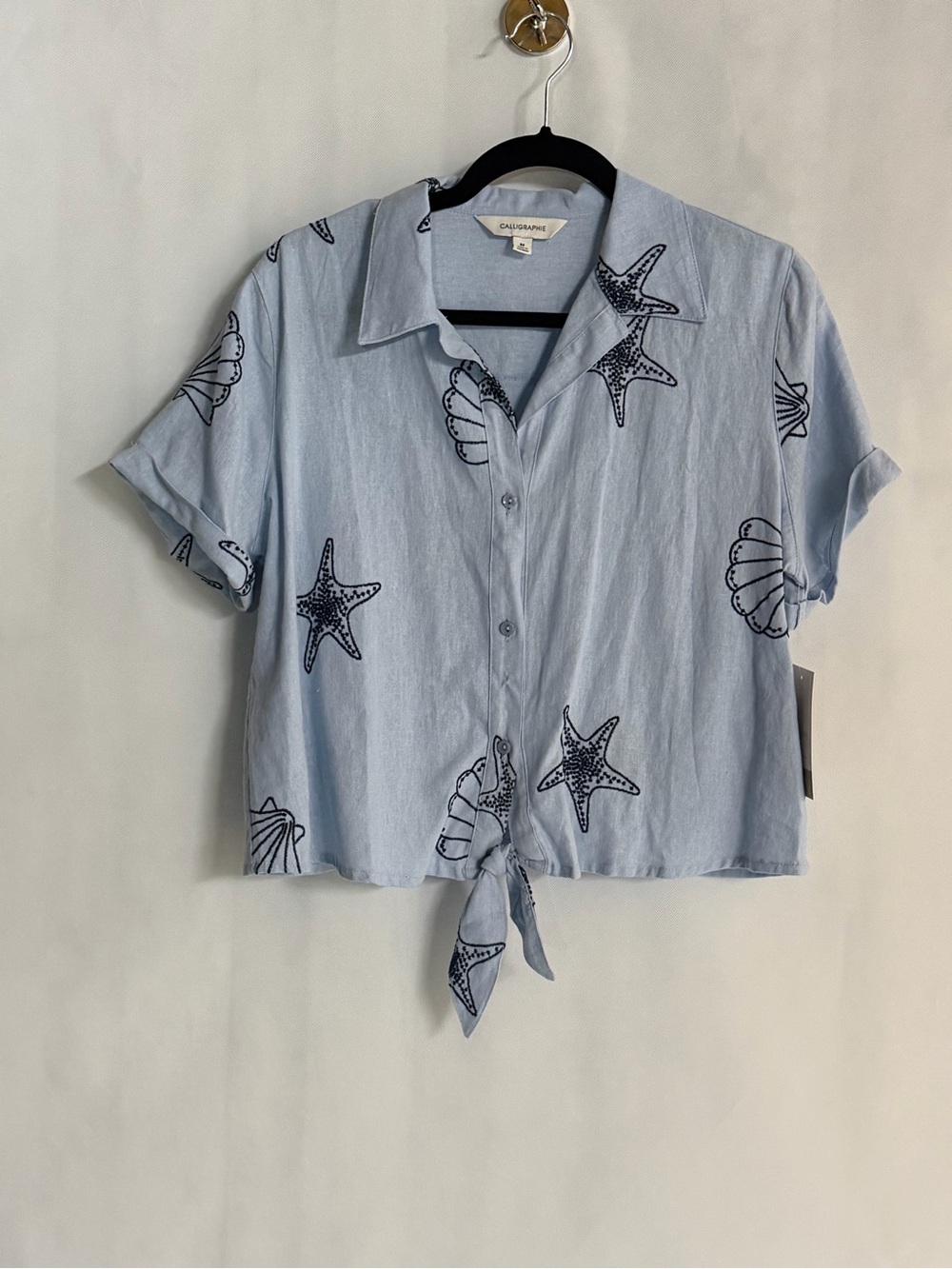 NWT Calligraphie Blue Linen Blend Starfish Seashell Tie Front Blouse M